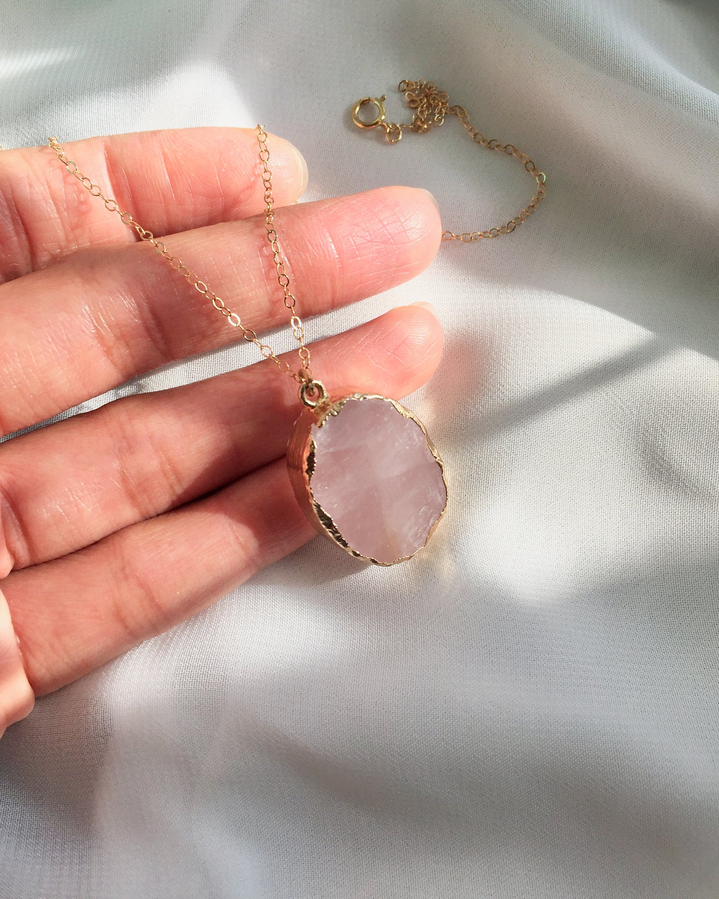 Rose Quart Statement Necklace | Rose Quartz Pendant Necklace | Minimalist Gemstone Jewelry | IB Jewelry