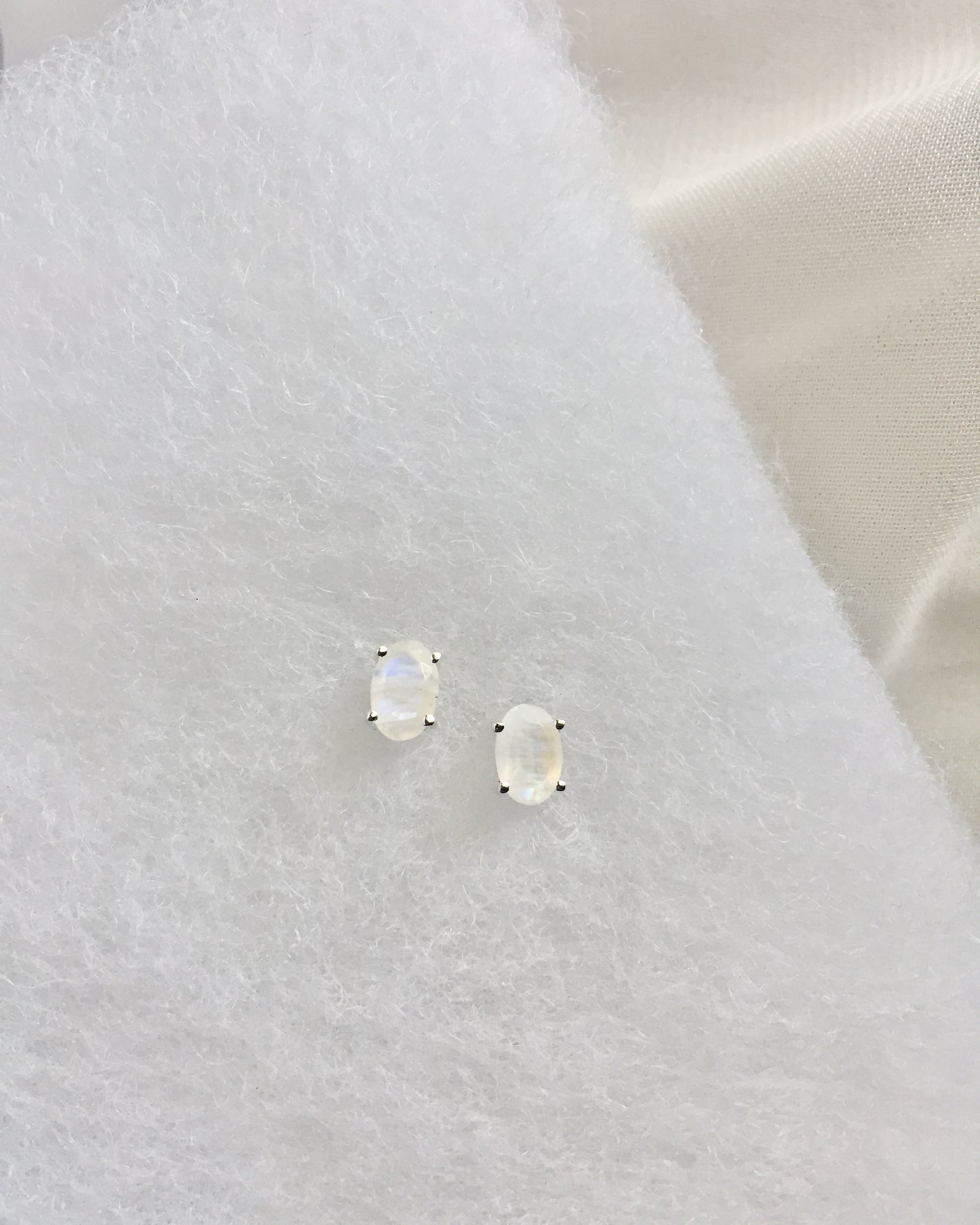 Oval Rainbow Moonstone Stud Earrings | Dainty Stud Earrings | Delicate Rainbow Moonstone Earrings | IB Jewelry