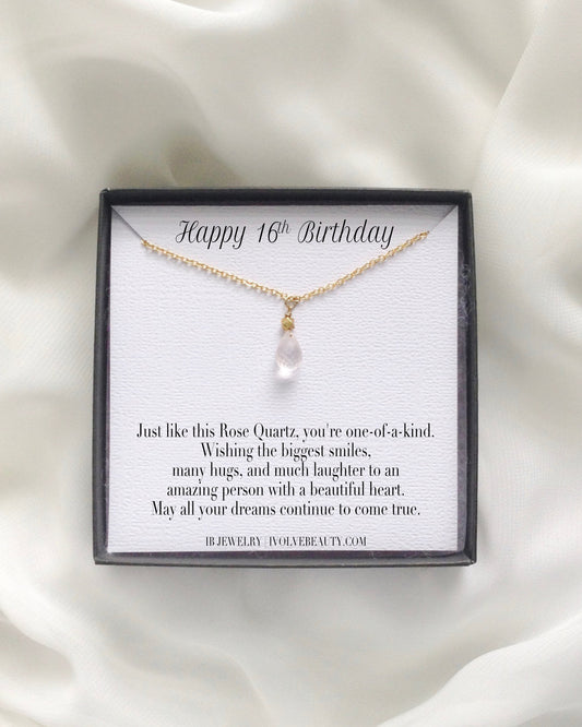 16th Birthday Necklace | 16th Birthday Jewelry For Daughter Sister or Friend | Sixteenth Birthday Necklace | Dainty Rose Quartz Necklace | IB Jewelry