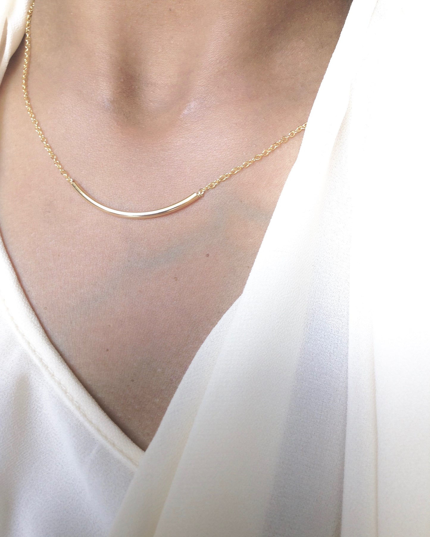 Curved Bar Necklace | Small Dainty Necklace in Gold Filled or Sterling Silver | IB Jewelry