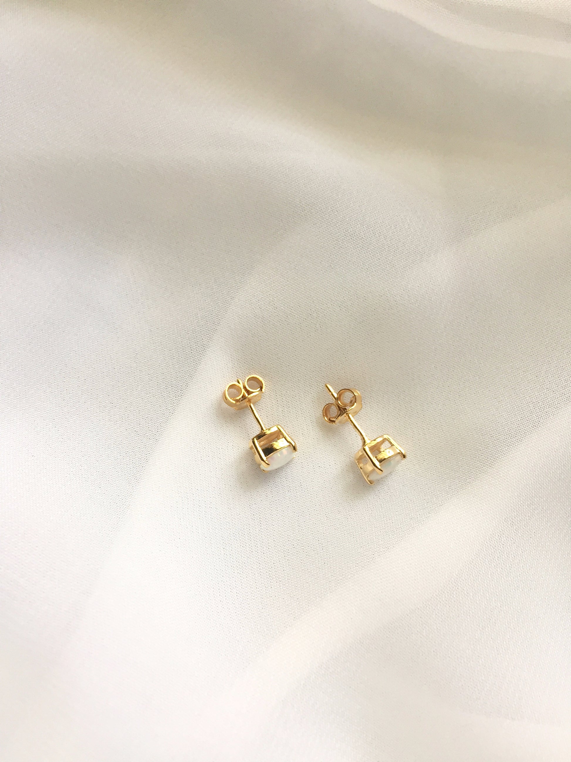 Small Opal Stud Earrings | White Opal Stud Earrings 14k Gold Plated | Dainty Stud Earrings | IB Jewelry
