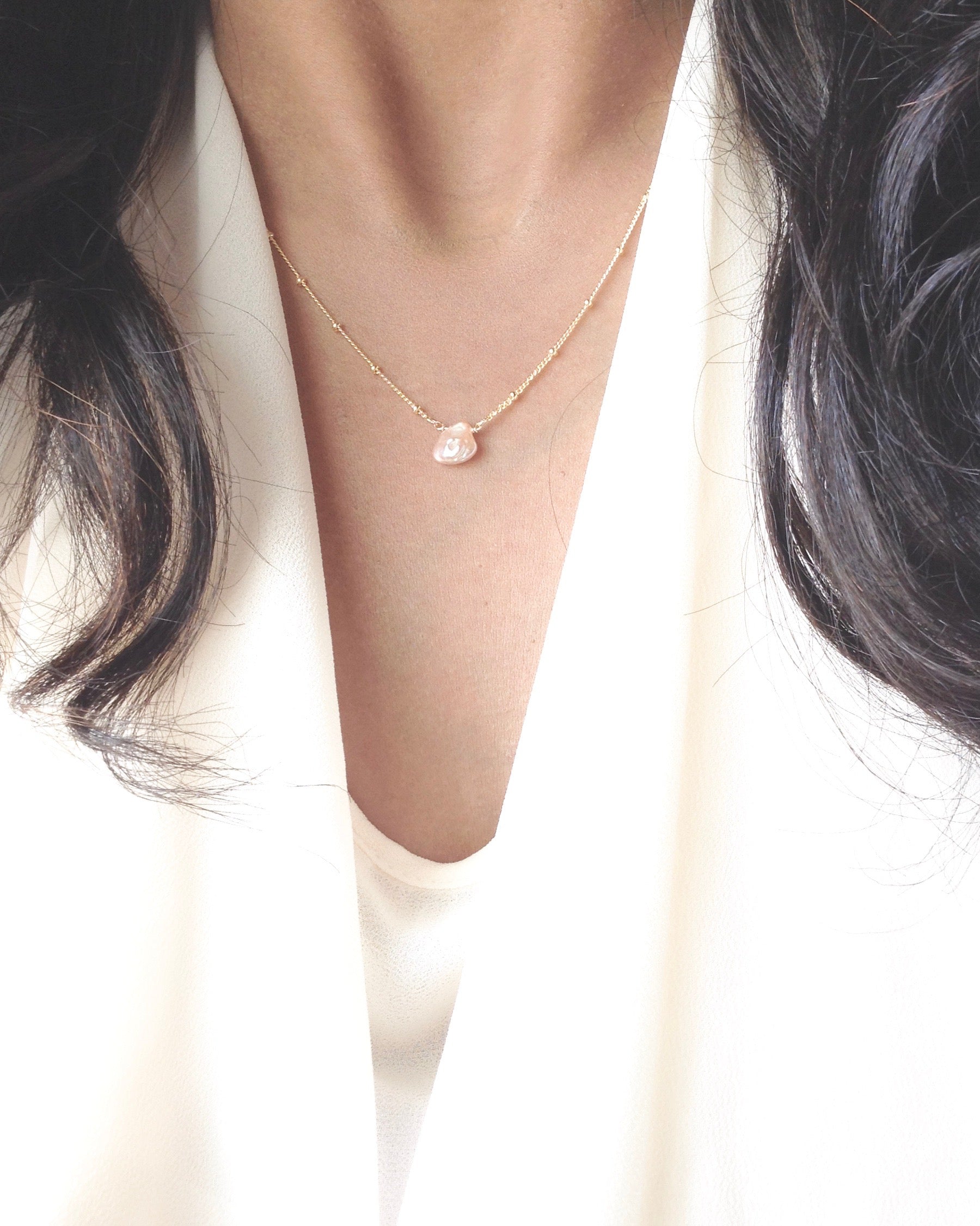Keshi Pearl Satellite Chain Necklace in Gold Filled or Sterling Silver | IB Jewelry