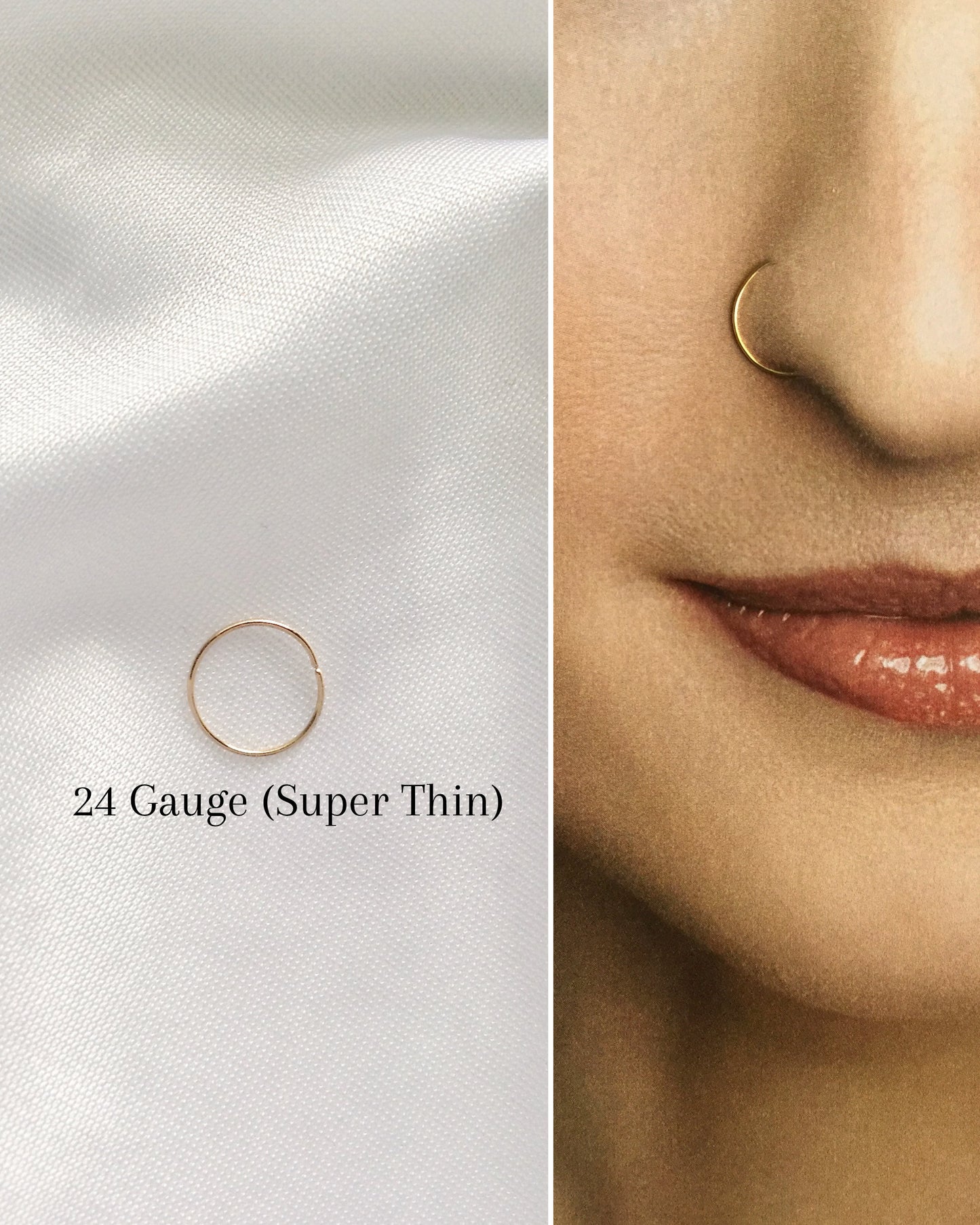 Thin 14K Solid Gold Nose Hoop | 24 Gauge Solid Gold Seamless Hoop | IB Jewelry
