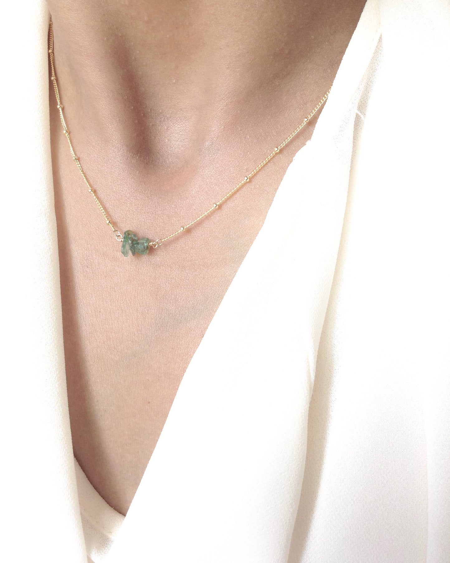 Dainty Raw Emerald Gemstone Bar Necklace in Gold Filled or Sterling Silver | IB Jewelry