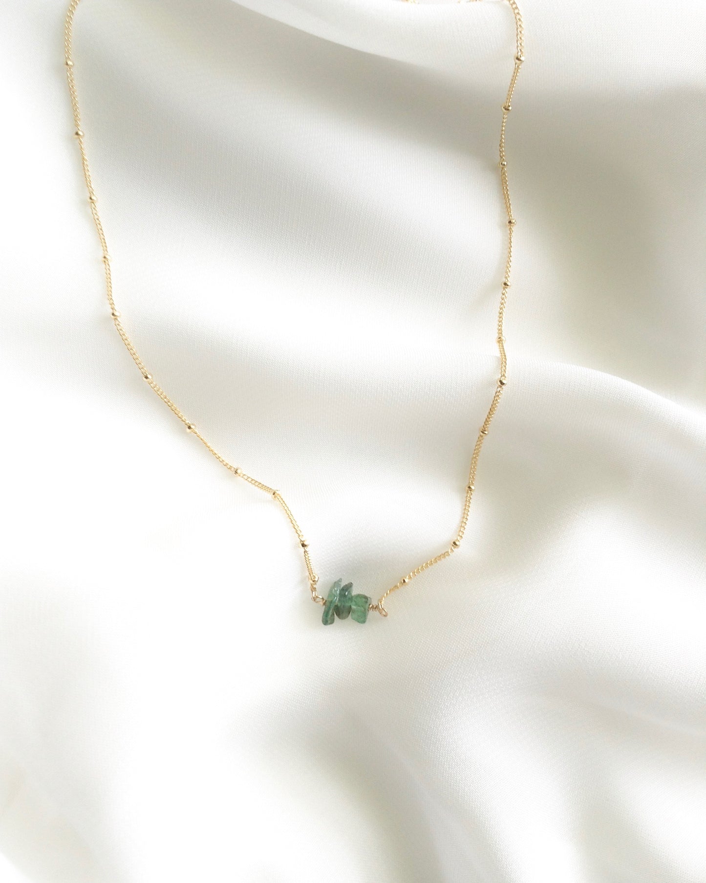 Raw Emerald Tiny Gemstone Necklace in Gold Filled or Sterling Silver | IB Jewelry