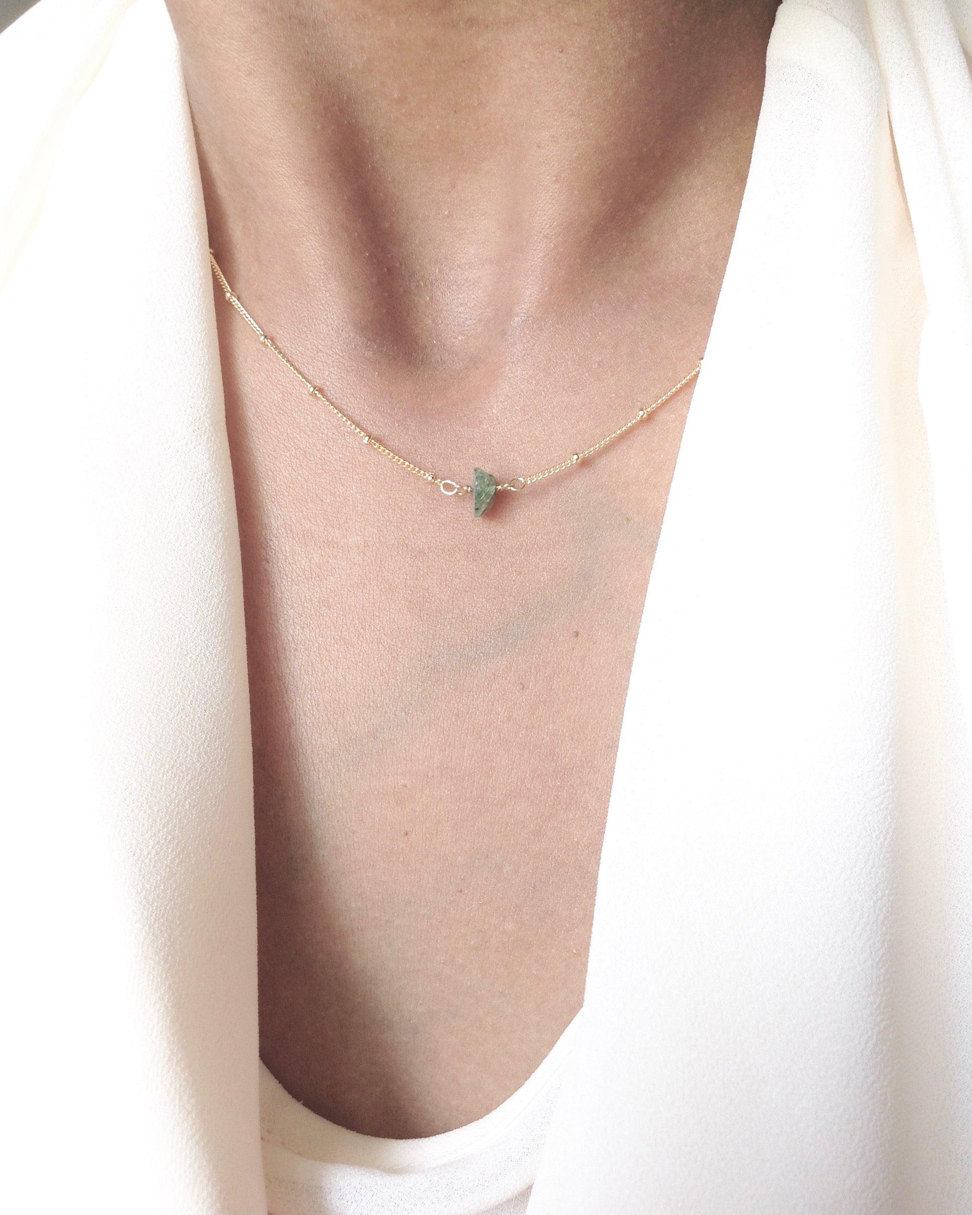 Tiny Raw Emerald Solitaire Necklace in Gold Filled or Sterling Silver | Simple Delicate Necklace | IB Jewelry