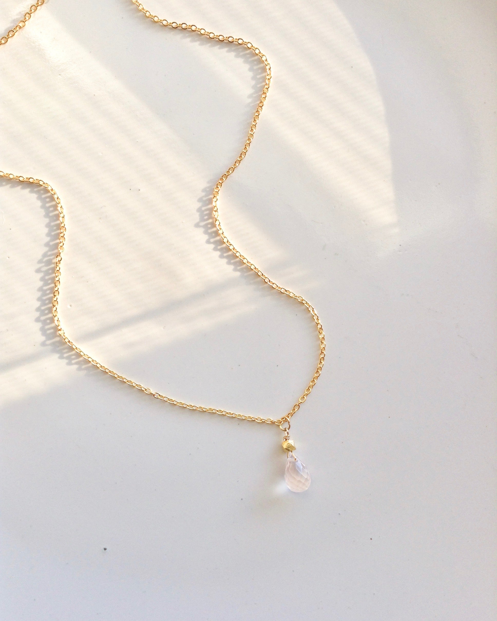 Delicate Small Rose Quartz Teardrop Necklace | IB Jewelry