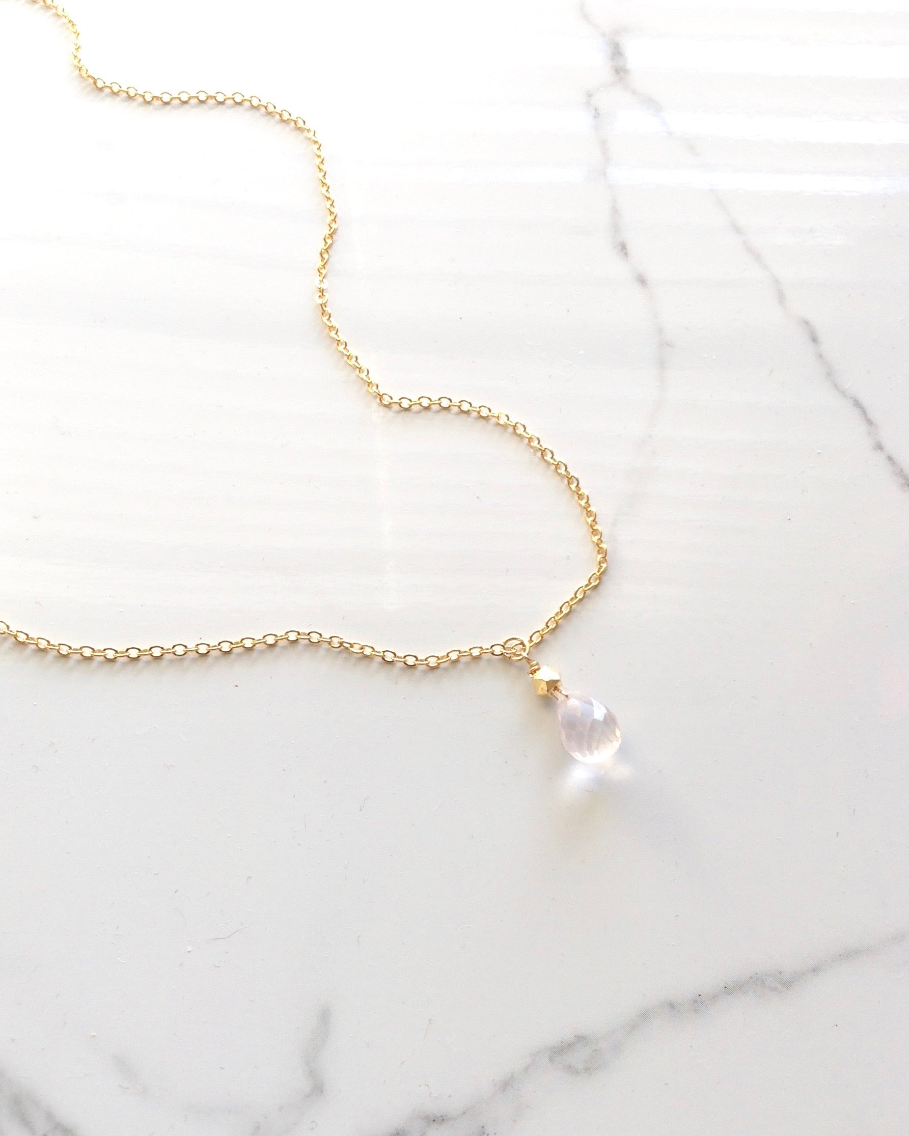 Delicate Small Rose Quartz Teardrop Necklace | IB Jewelry