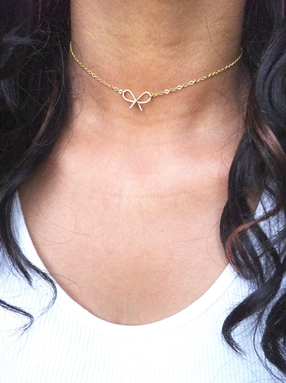 Minimal Thin Chain Bow Choker Necklace | Dainty Choker | Simple Choker Necklace | IB Jewelry
