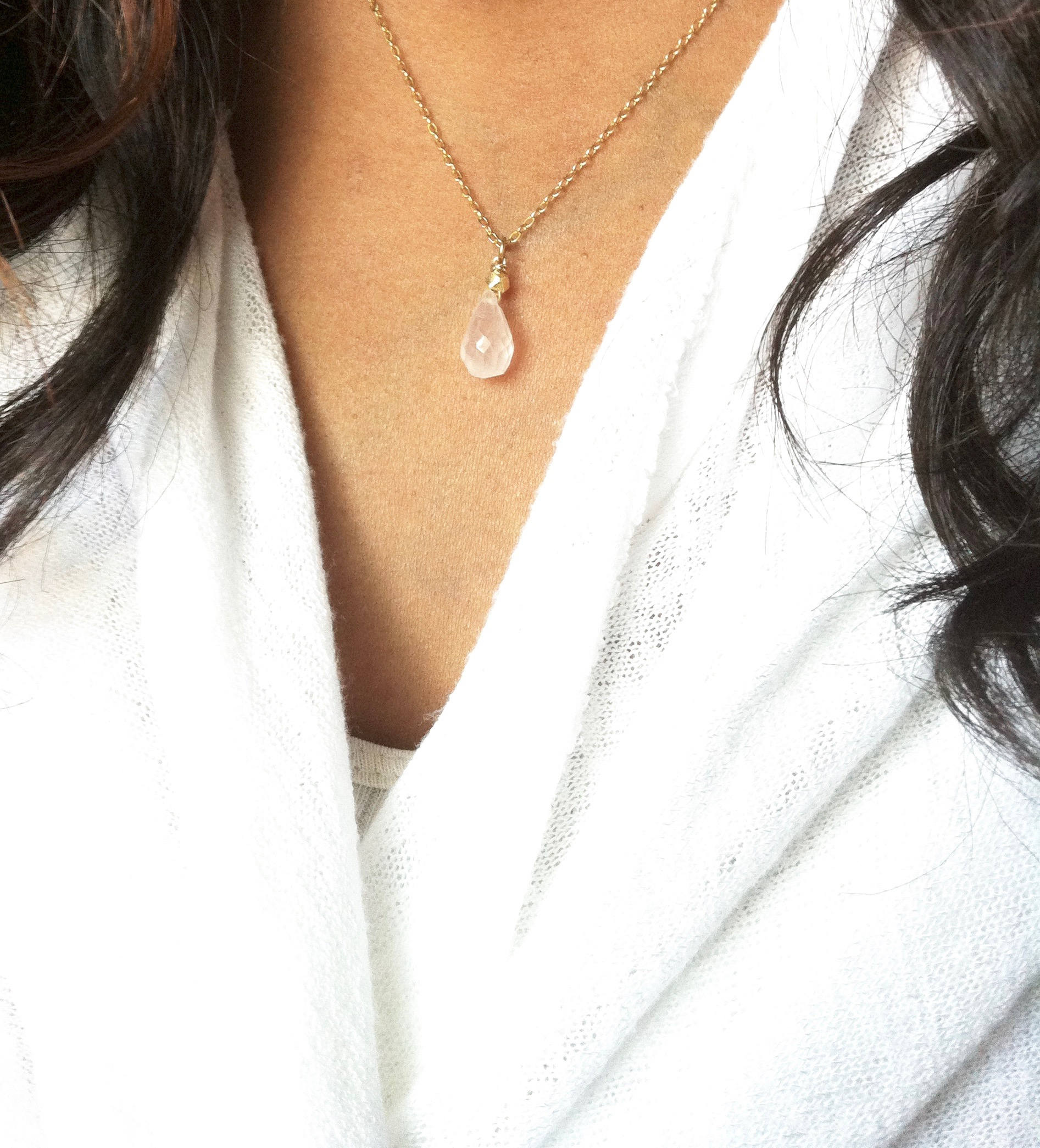 Delicate Small Rose Quartz Teardrop Necklace | IB Jewelry
