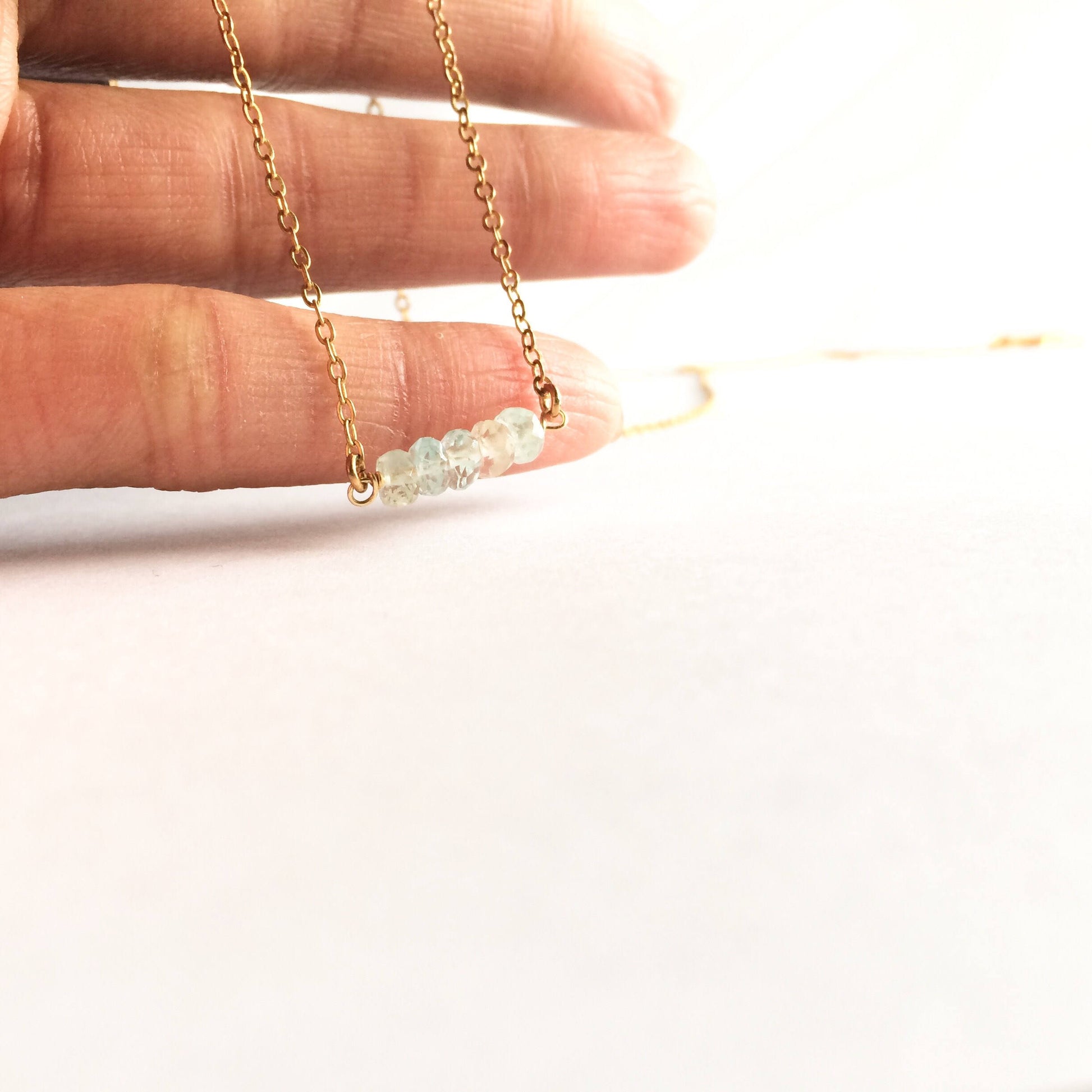 Delicate Tiny Ombre Aquamarine Gemstone Bar Necklace | IB Jewelry
