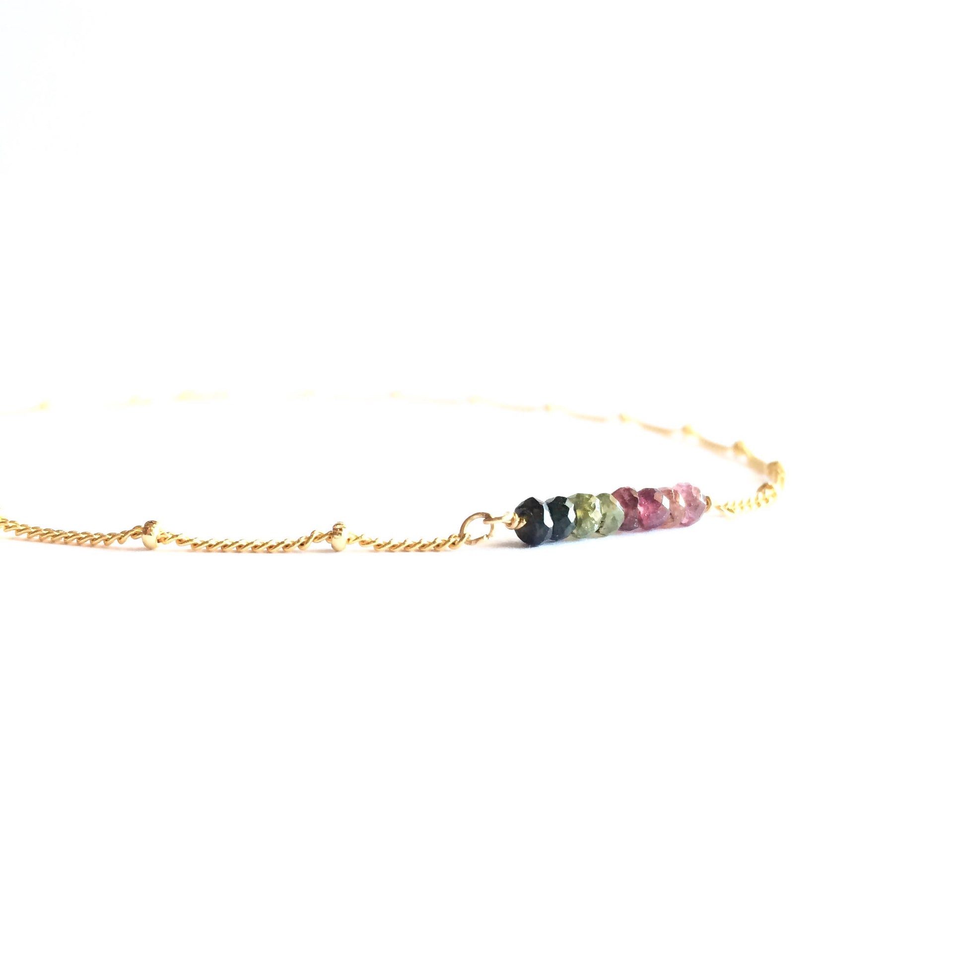Tiny Watermelon Tourmaline Satellite Chain Bar Necklace | IB Jewelry