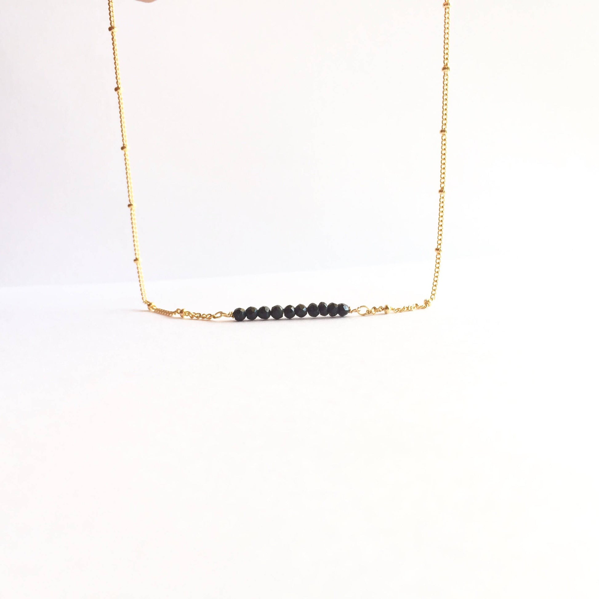 Black Tourmaline Gemstone Bar Satellite Chain Necklace | IB Jewelry