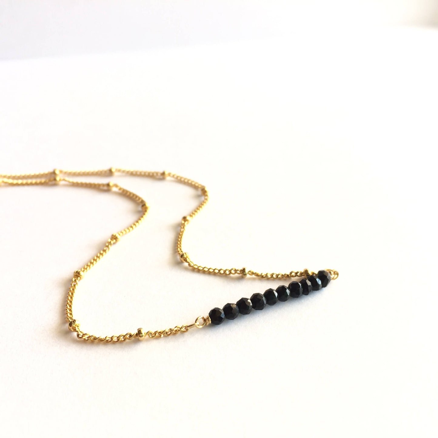 Black Tourmaline Gemstone Bar Satellite Chain Necklace | IB Jewelry