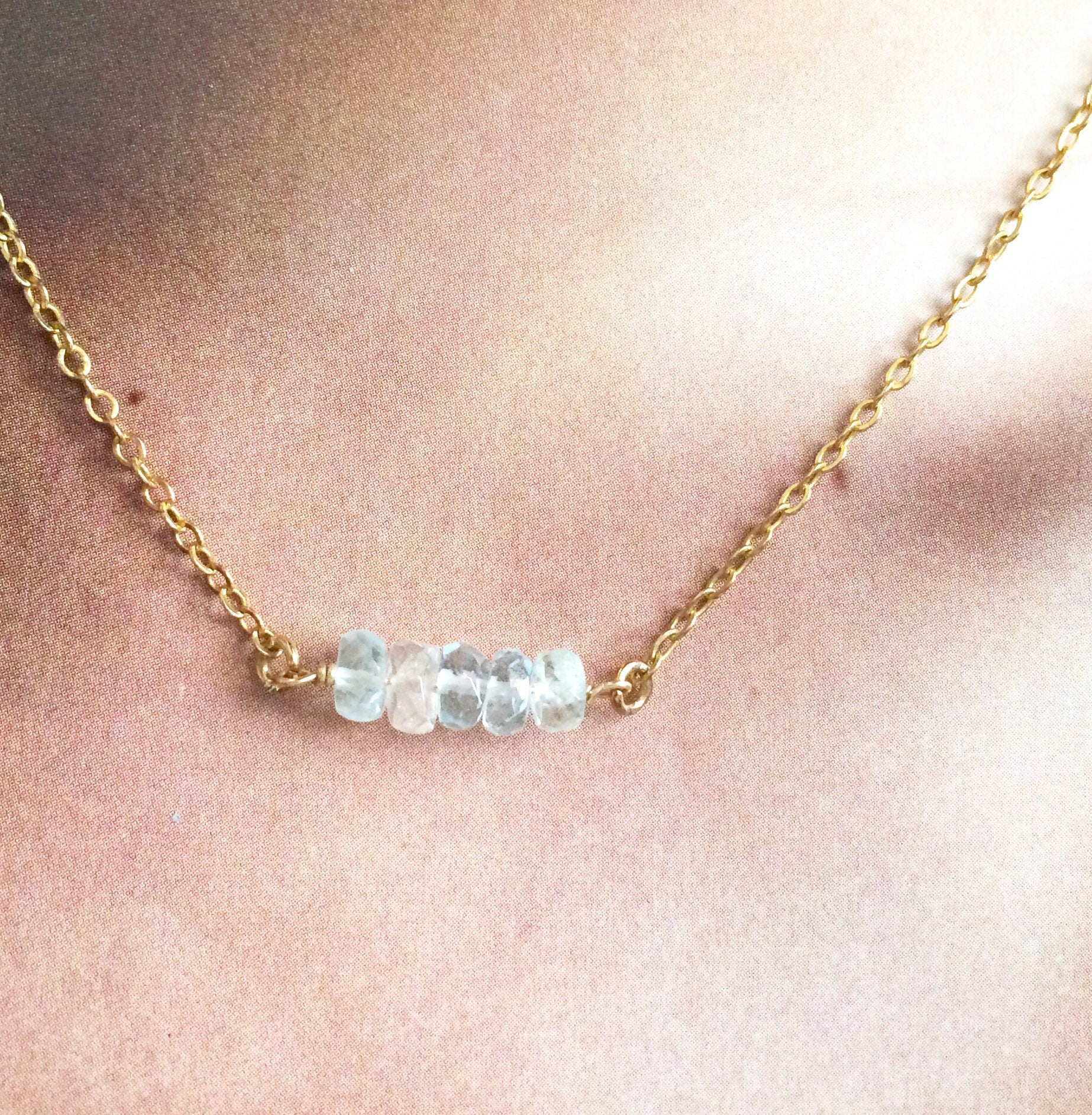 Delicate Tiny Ombre Aquamarine Gemstone Bar Necklace | IB Jewelry