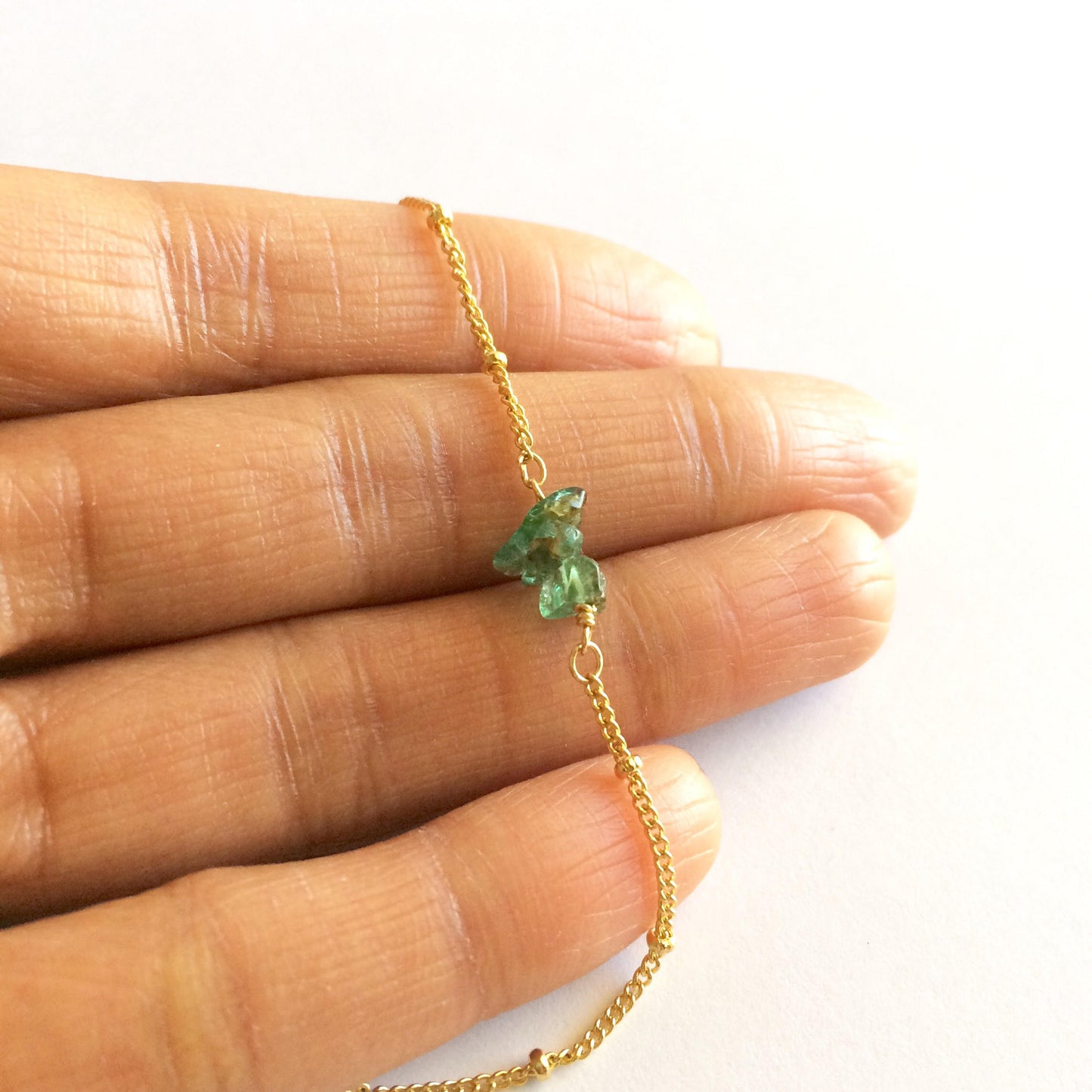 Tiny Raw Emerald Crystal Satellite Chain Necklace | IB Jewelry