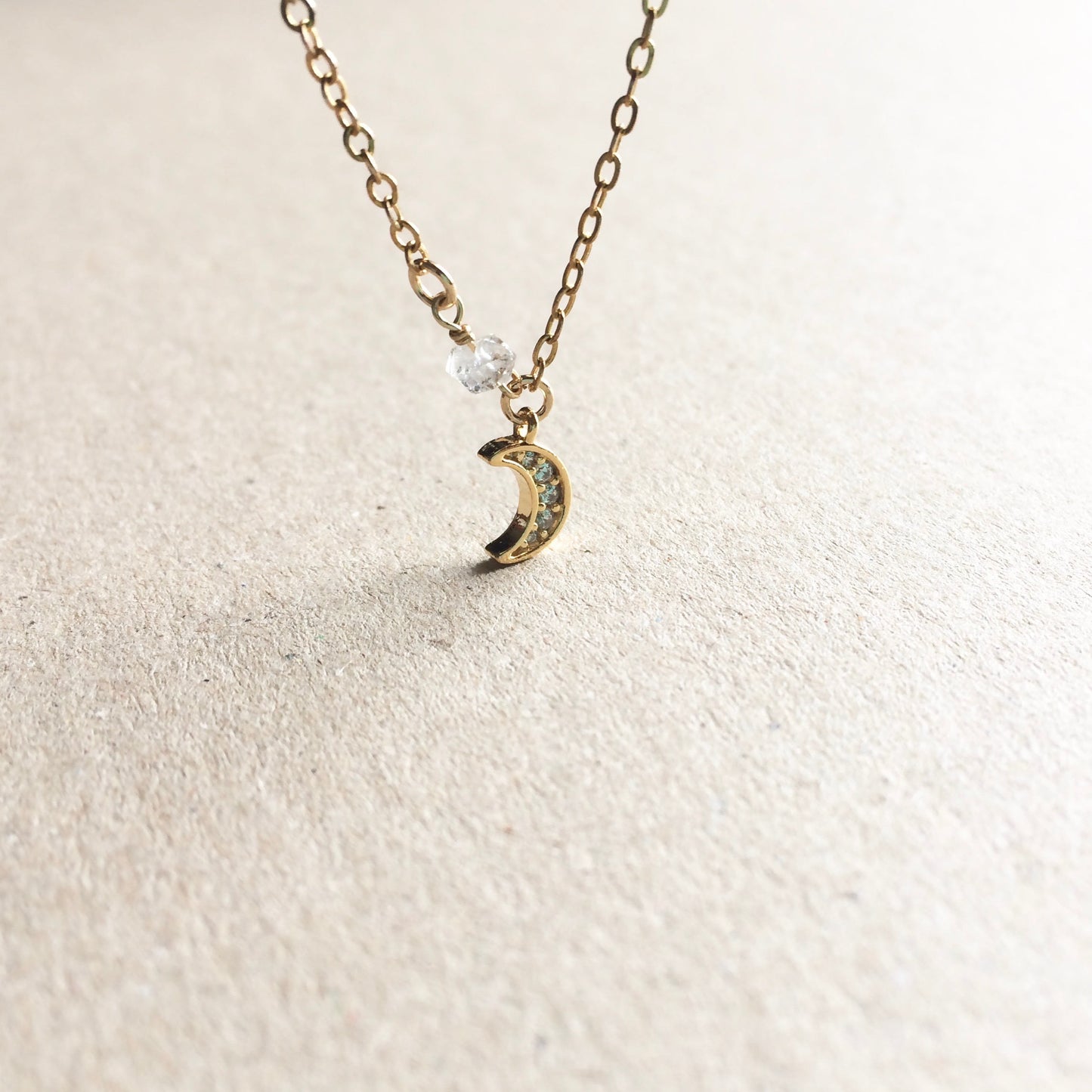 CZ Crystal Crescent Moon Herkimer Diamond Lunar Necklace | IB Jewelry