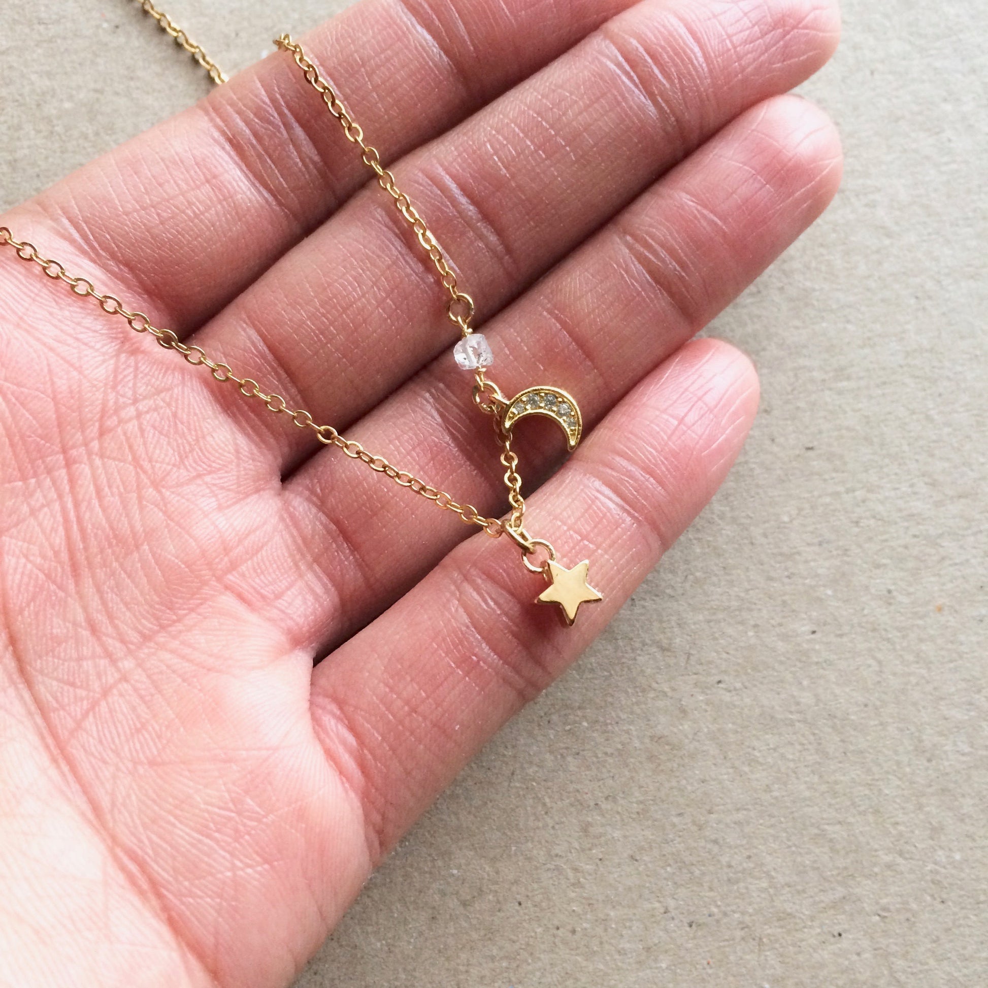 Tiny Moon & Star Herkimer Diamond Crystal Choker Necklace | IB Jewelry