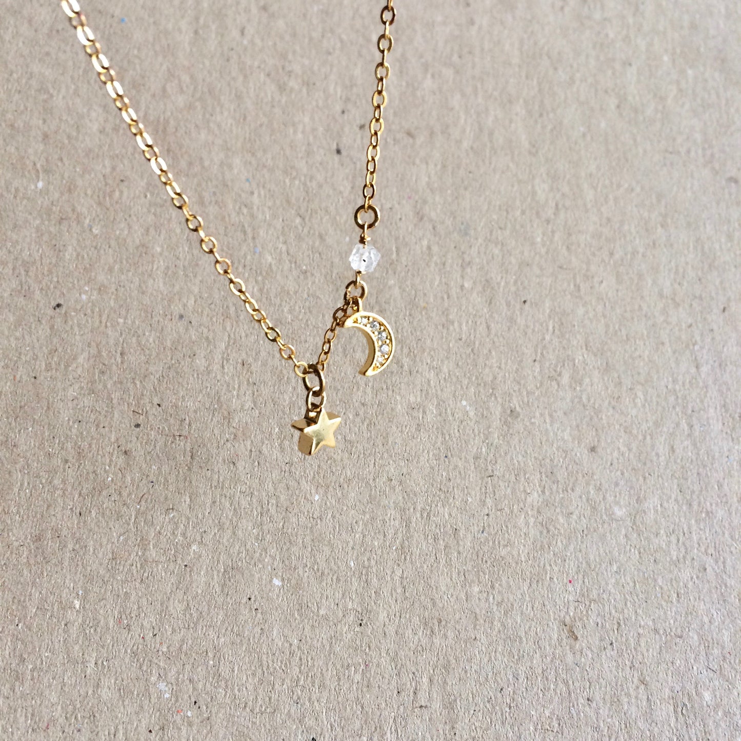 Tiny Moon & Star Herkimer Diamond Crystal Choker Necklace | IB Jewelry