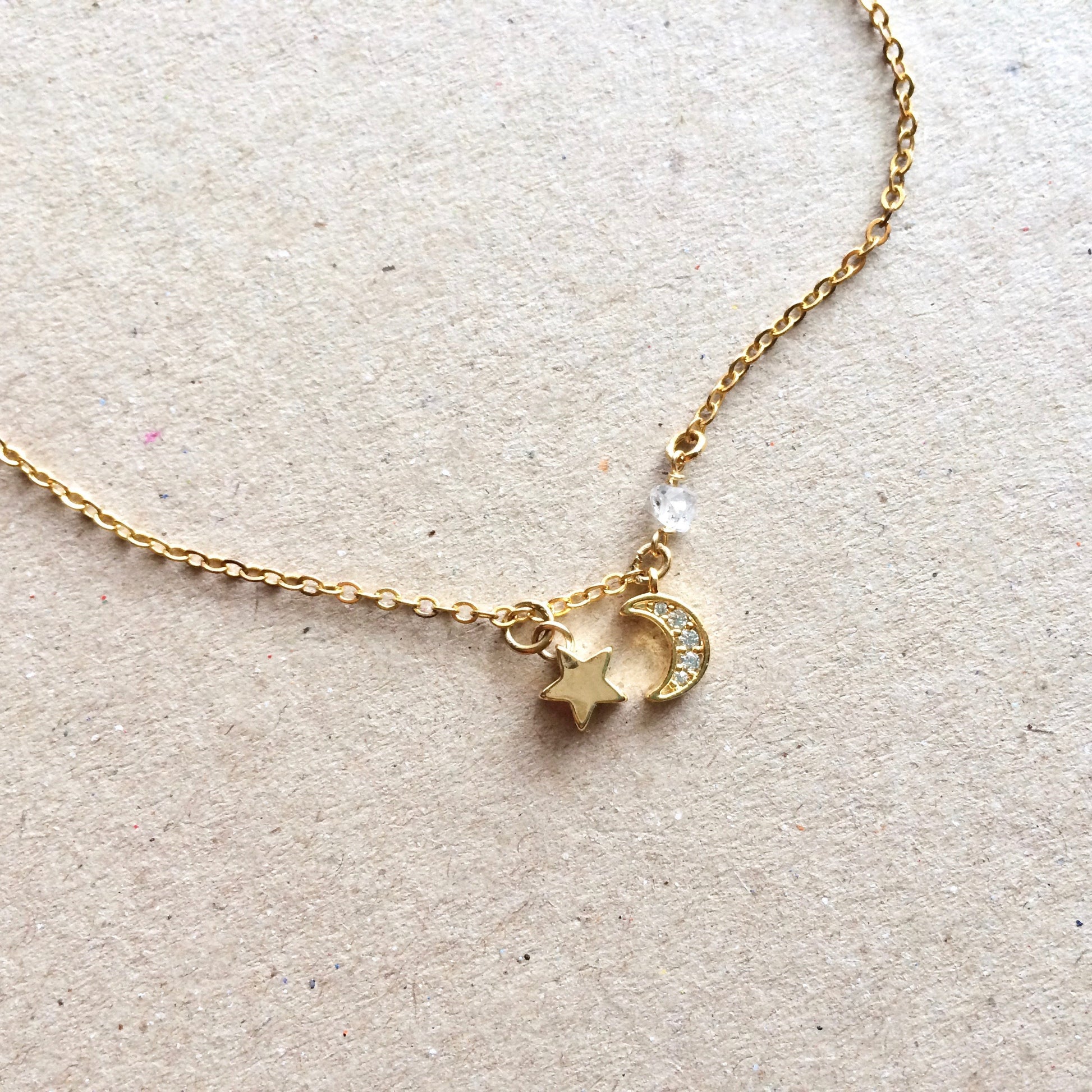 Tiny Moon & Star Herkimer Diamond Crystal Choker Necklace | IB Jewelry
