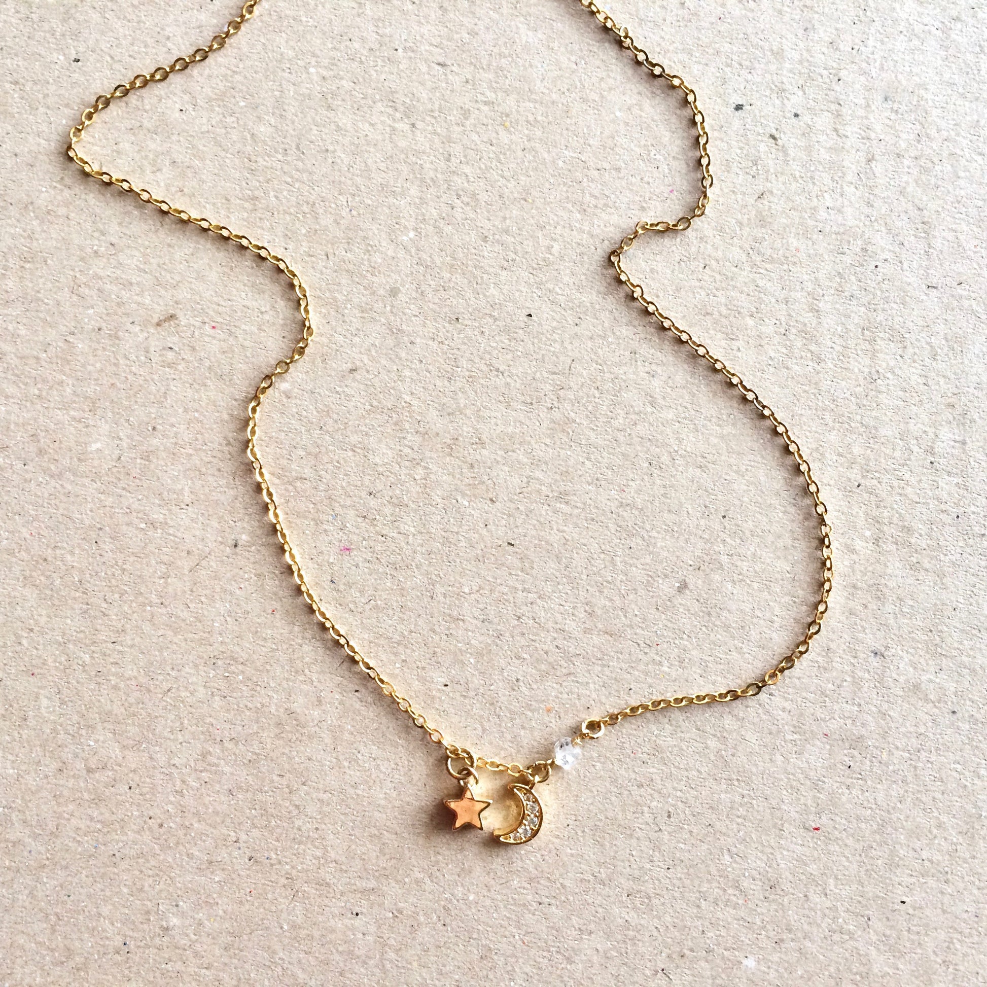 Tiny Moon & Star Herkimer Diamond Crystal Choker Necklace | IB Jewelry