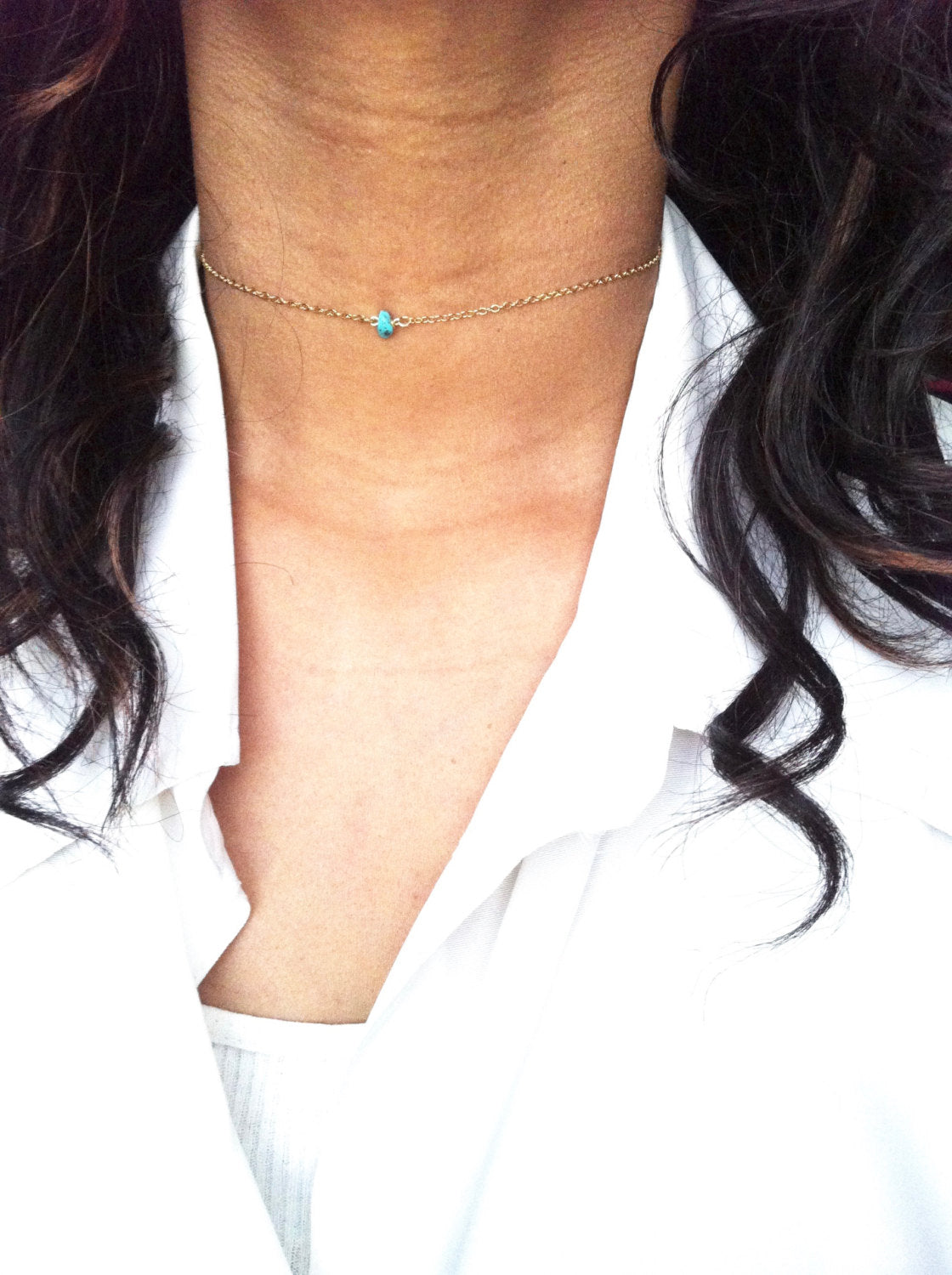 Simple Turquoise Thin Chain Choker Necklace | IB Jewelry