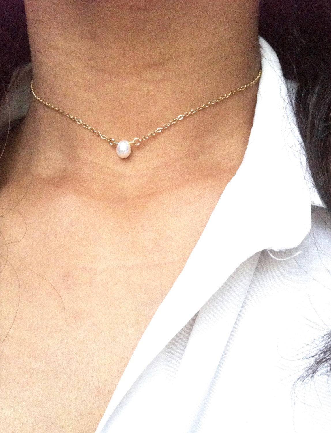 Small Delicate Single Pearl Choker Necklace | Dainty Pearl Choker Necklace | Simple Everyday Choker | IB Jewelry
